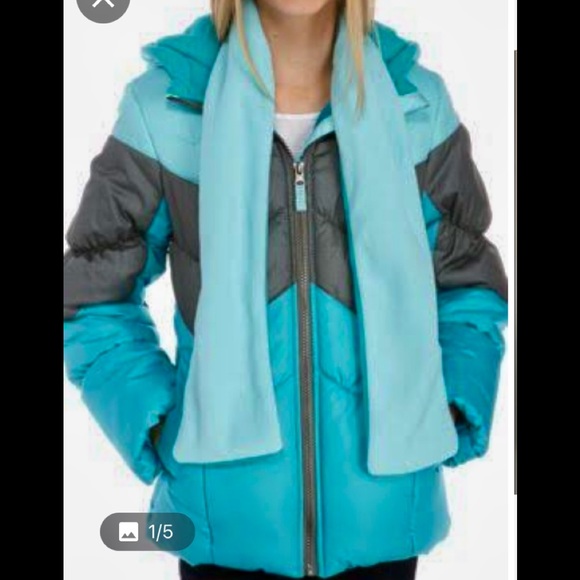 NWT London Fog Chevron color block Puffer Jacket w scarf 10-12 - Picture 1 of 5